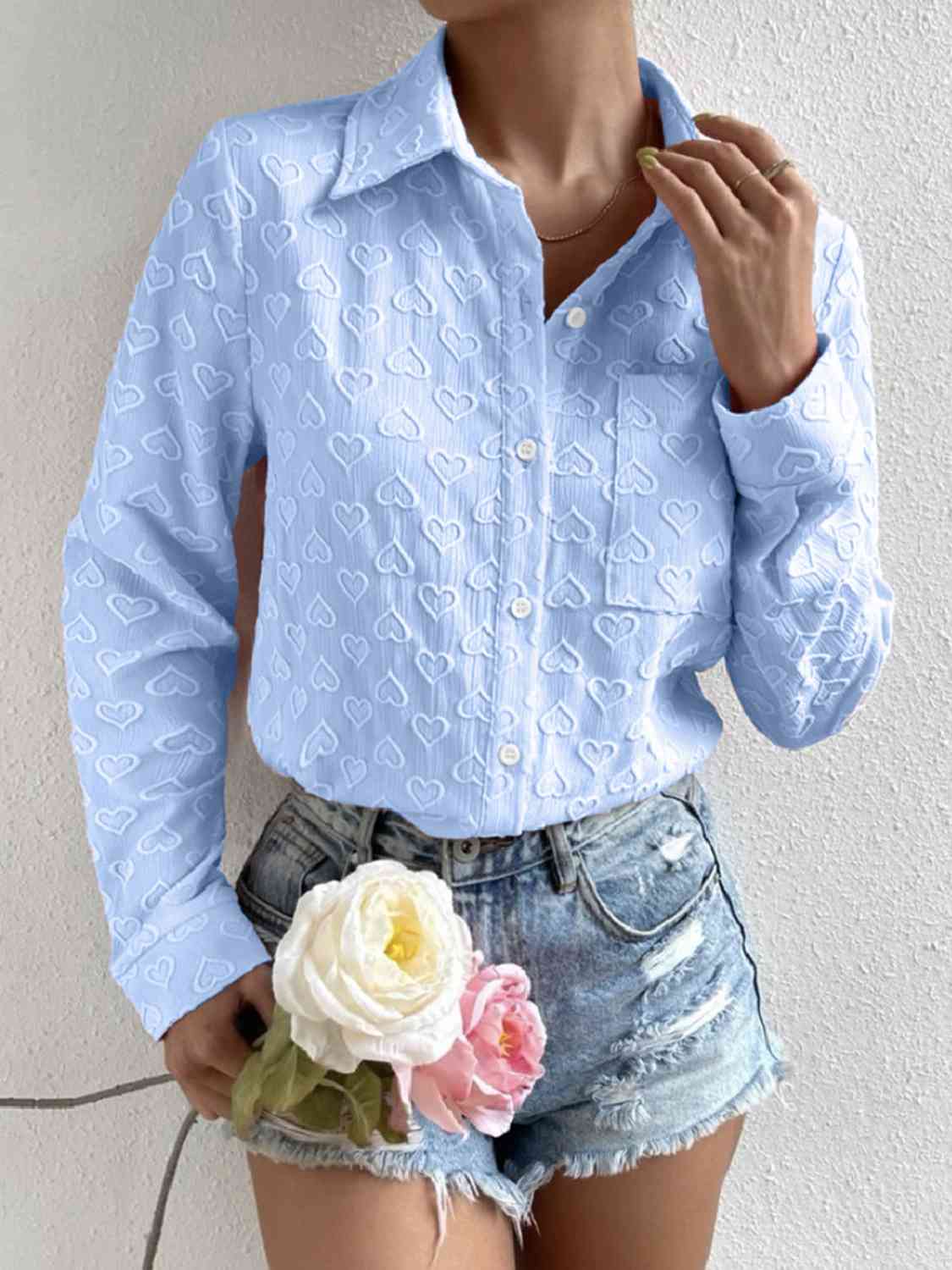 Heart Collared Neck Button Down Shirt BLUE ZONE PLANET