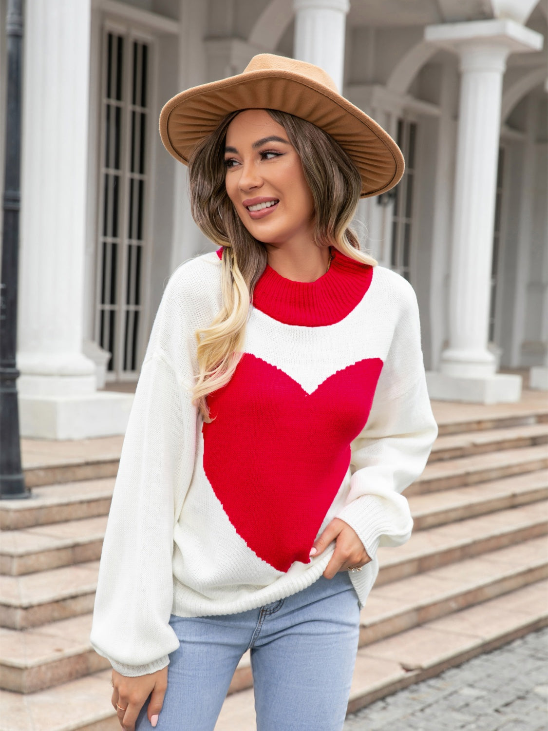 Heart Graphic Round Neck Sweater BLUE ZONE PLANET