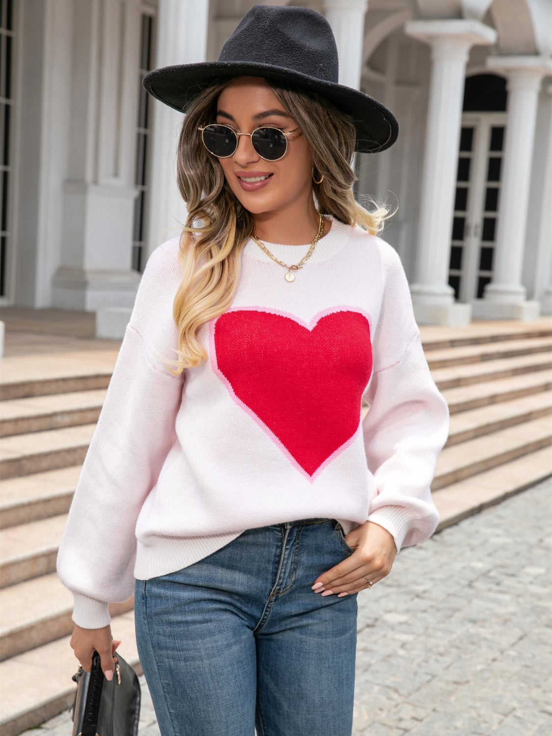 Heart Graphic Round Neck Sweater BLUE ZONE PLANET