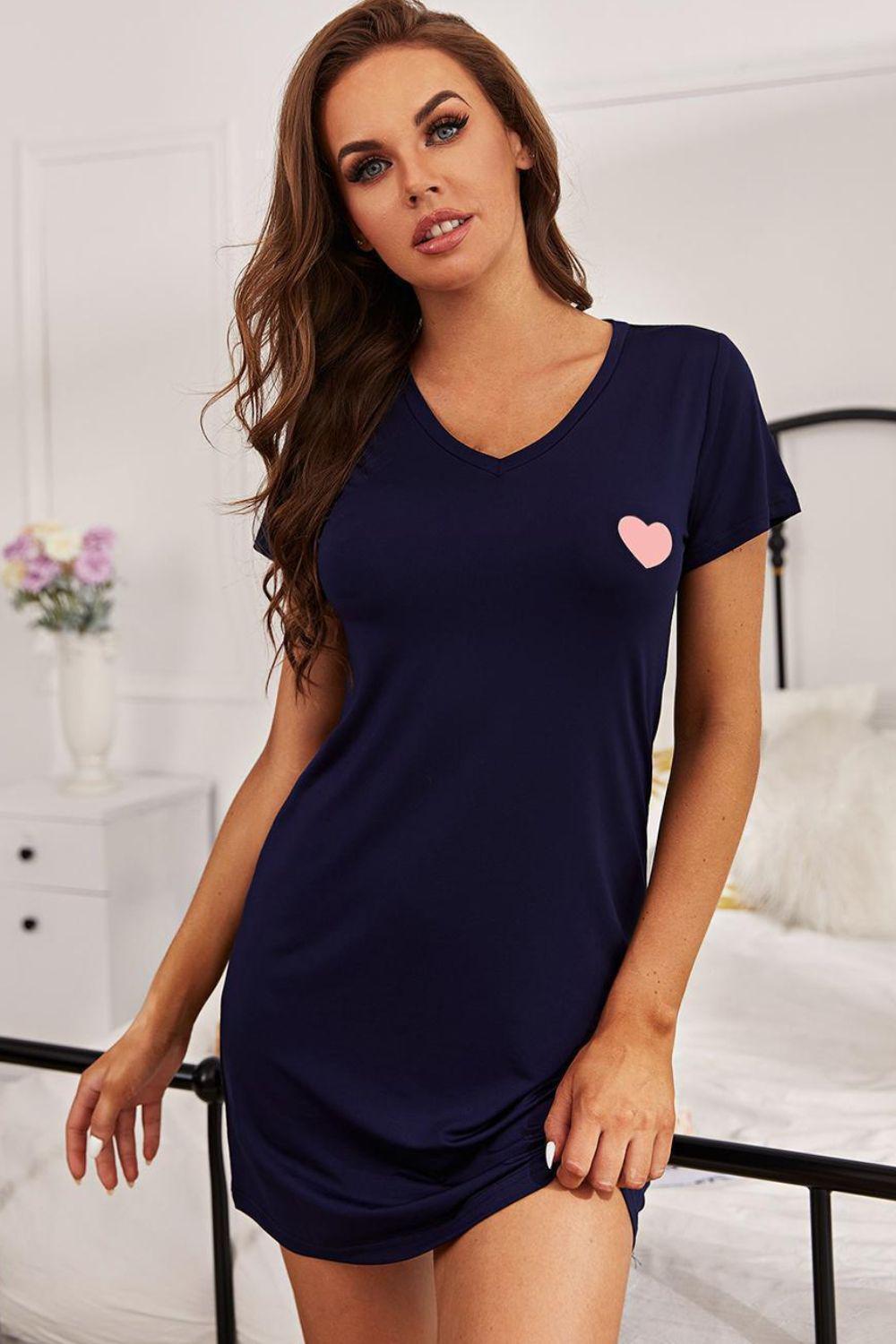 Heart Graphic Short Sleeve Night Dress BLUE ZONE PLANET