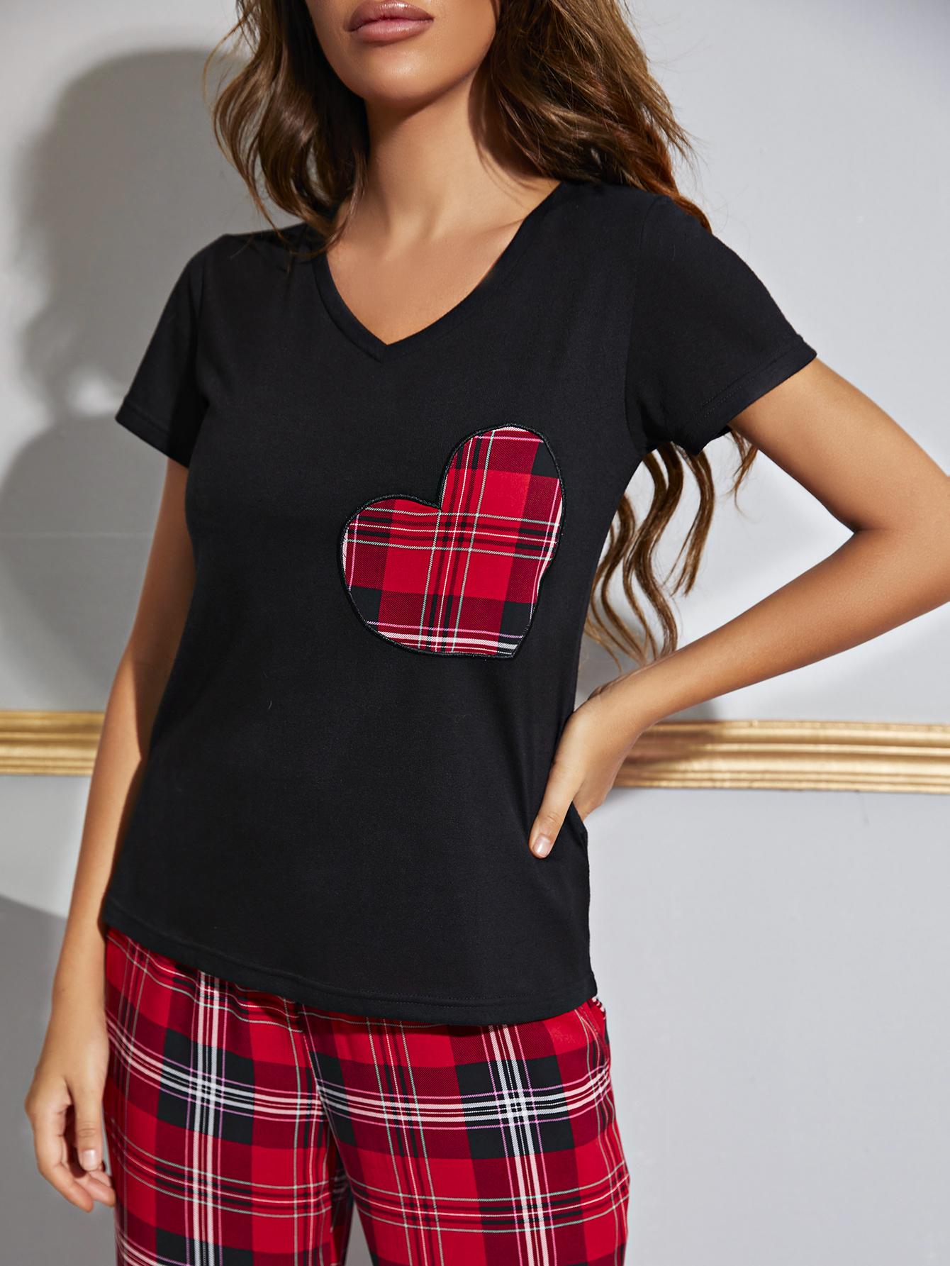 Heart Graphic V-Neck Top and Plaid Pants Lounge Set BLUE ZONE PLANET