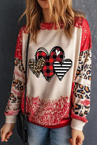 Heart Leopard Round Neck Sweatshirt BLUE ZONE PLANET