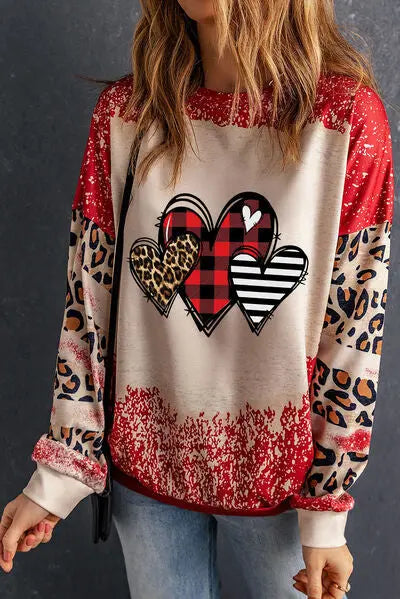 Heart Leopard Round Neck Sweatshirt BLUE ZONE PLANET