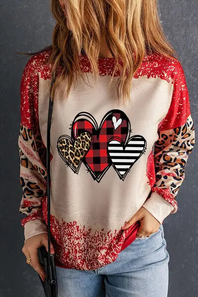 Heart Leopard Round Neck Sweatshirt BLUE ZONE PLANET