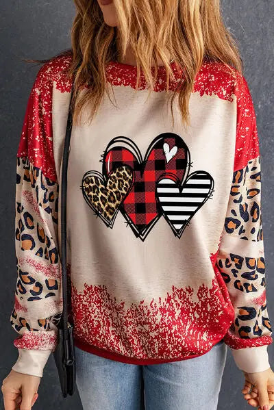 Heart Leopard Round Neck Sweatshirt BLUE ZONE PLANET