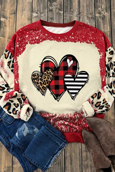 Heart Leopard Round Neck Sweatshirt BLUE ZONE PLANET