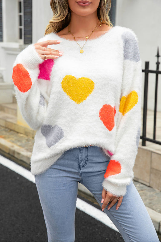 Heart Pattern Round Neck Long Sleeve Sweater BLUE ZONE PLANET