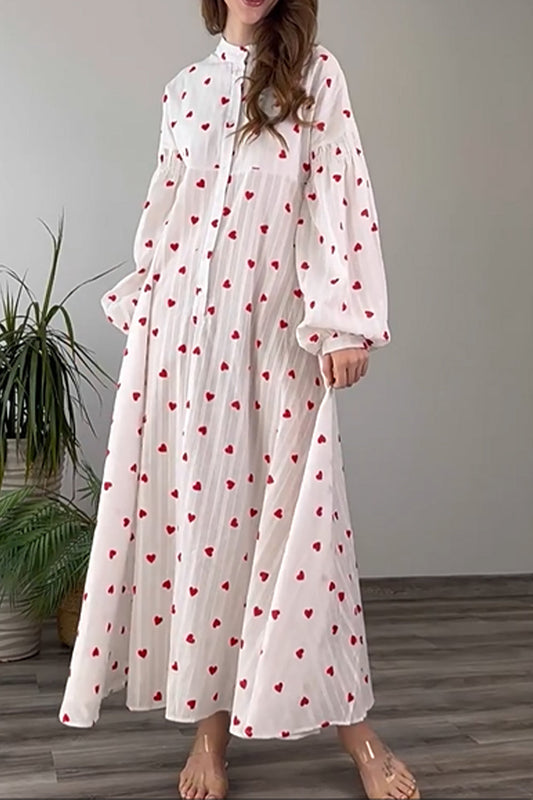Heart Print Buttoned Maxi Dress-TOPS / DRESSES-[Adult]-[Female]-White-S-2022 Online Blue Zone Planet