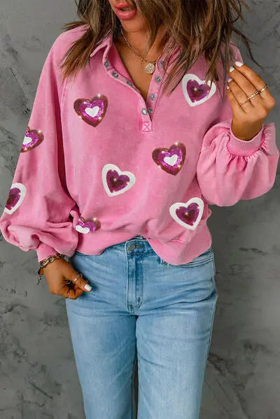 Heart Sequin Half Snap Collared Neck Sweatshirt BLUE ZONE PLANET