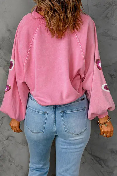 Heart Sequin Half Snap Collared Neck Sweatshirt BLUE ZONE PLANET