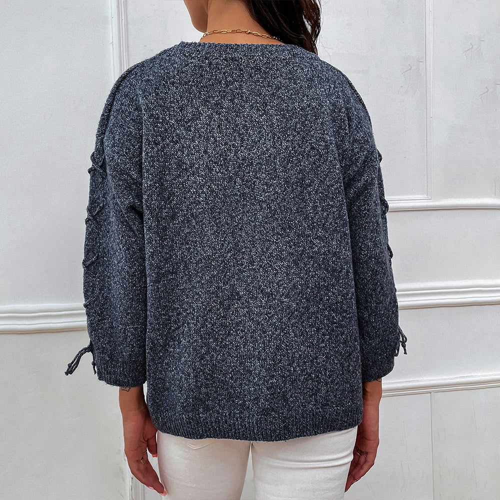 Heathered Round Neck Dropped Shoulder Sweater BLUE ZONE PLANET
