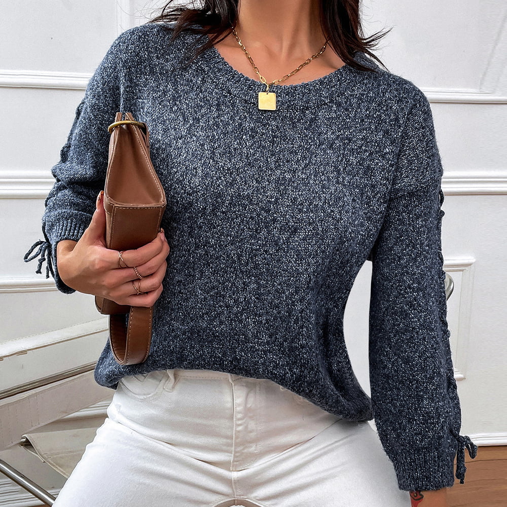 Heathered Round Neck Dropped Shoulder Sweater BLUE ZONE PLANET