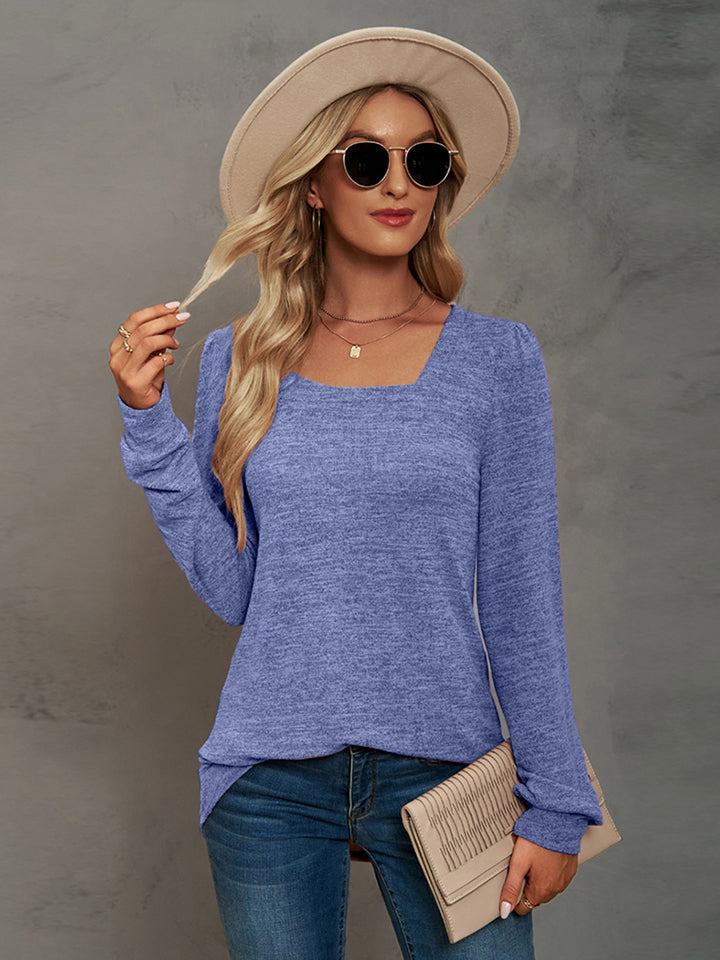 Heathered Square Neck Long Sleeve T-Shirt BLUE ZONE PLANET