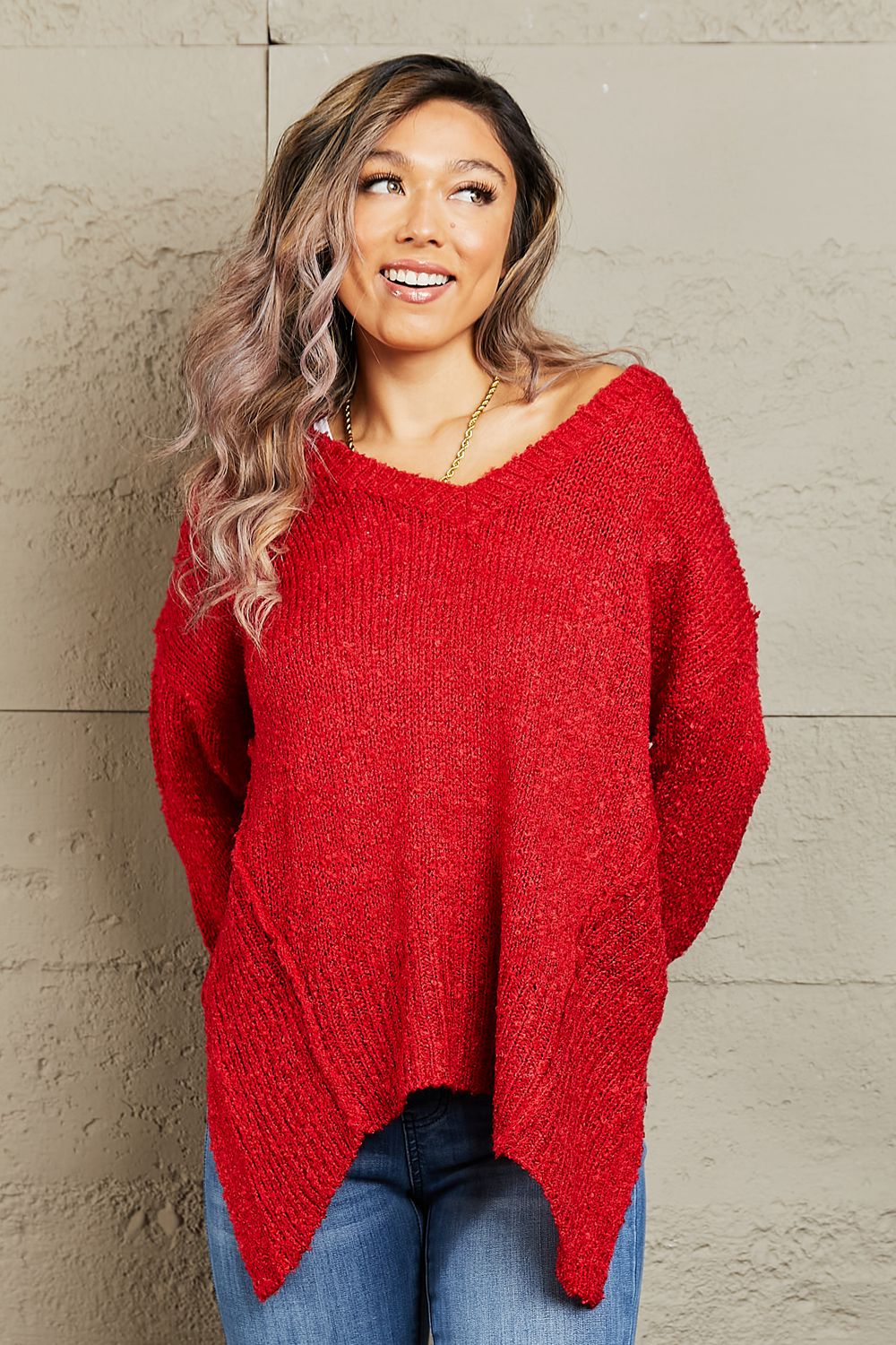 Heimish By The Fire Full Size Draped Detail Knit Sweater BLUE ZONE PLANET