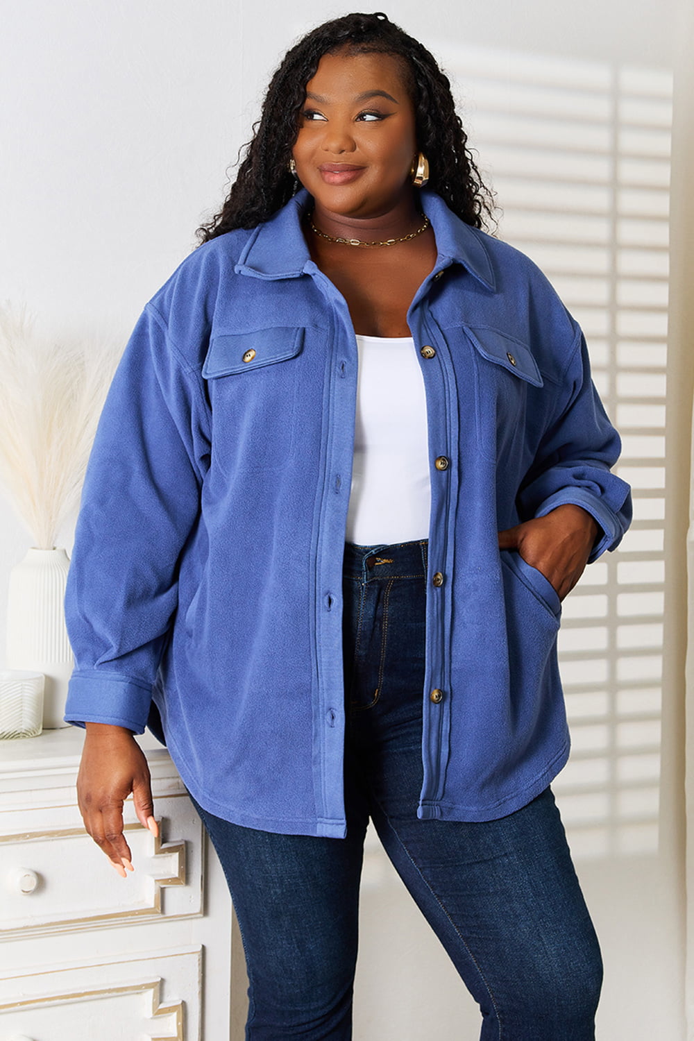 Heimish Cozy Girl Full Size Button Down Shacket BLUE ZONE PLANET