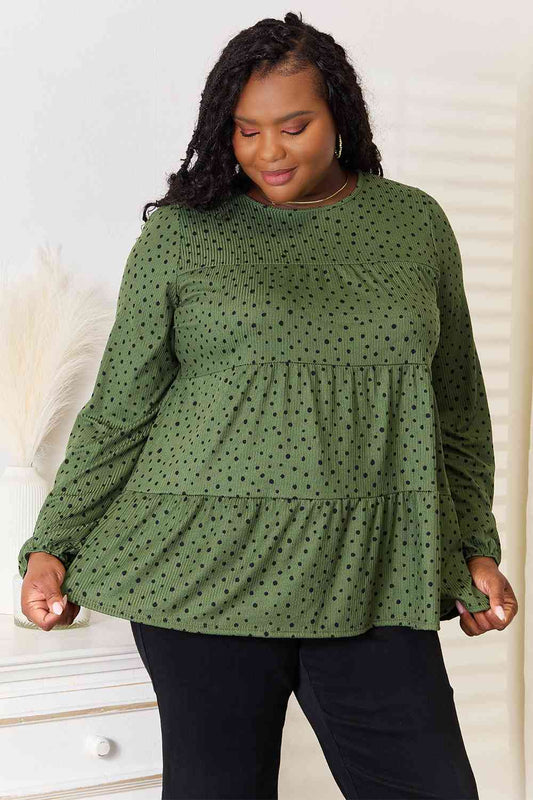 Heimish Full Size Long Puff Sleeve Polka Tiered Top BLUE ZONE PLANET