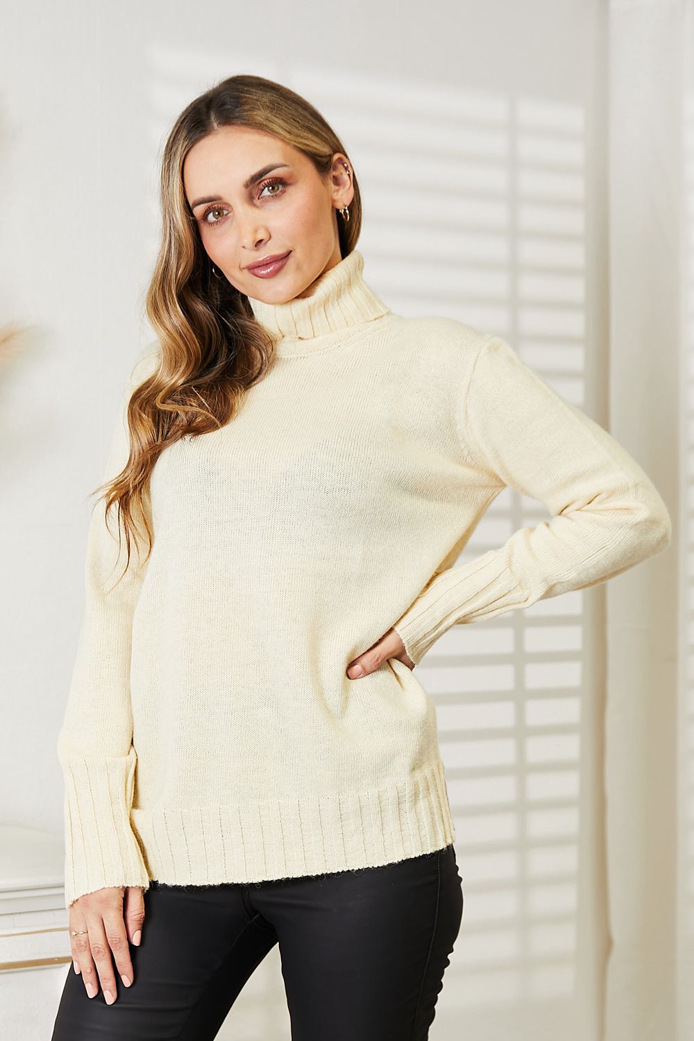 Heimish Full Size Long Sleeve Turtleneck Sweater with Side Slit BLUE ZONE PLANET