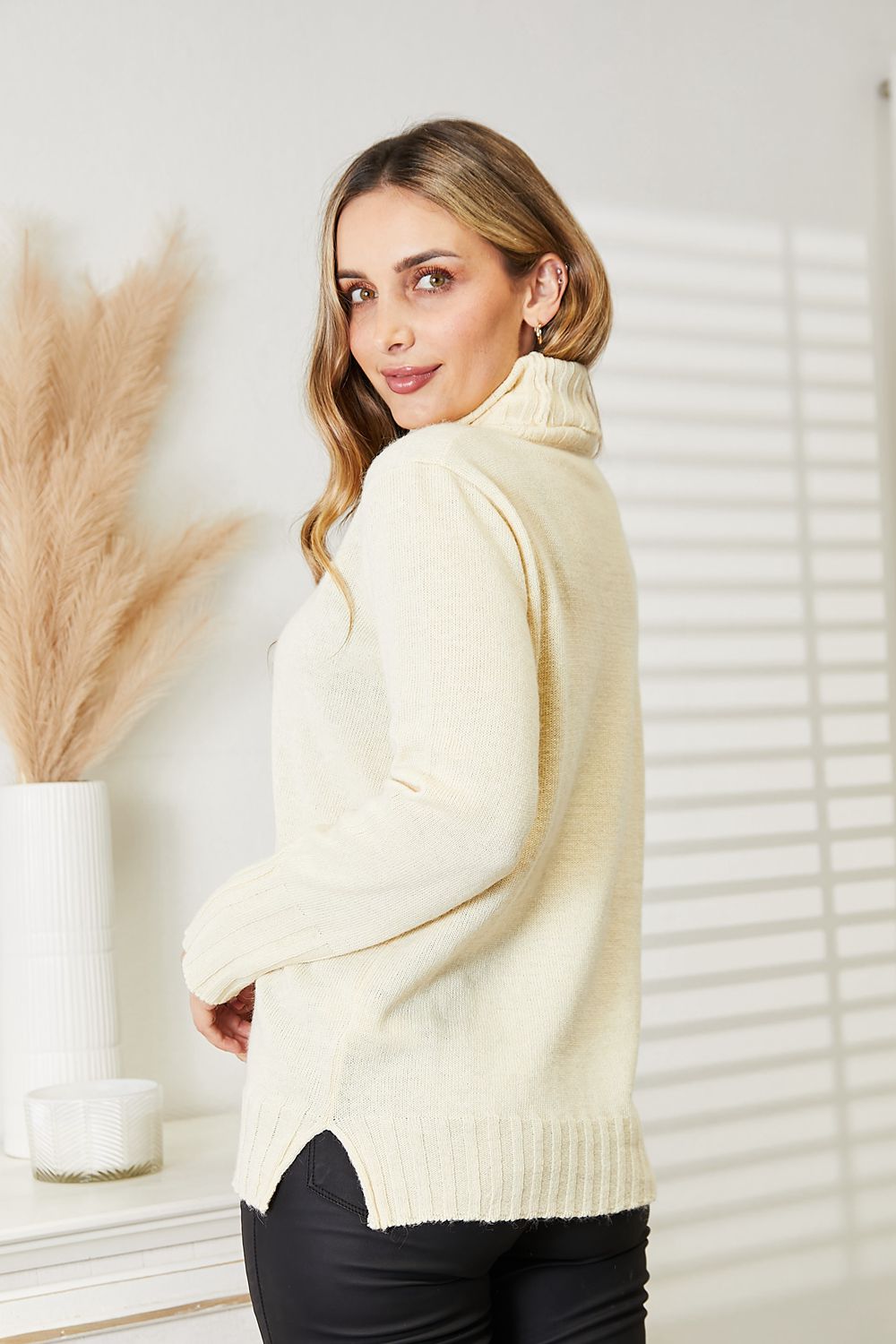 Heimish Full Size Long Sleeve Turtleneck Sweater with Side Slit BLUE ZONE PLANET