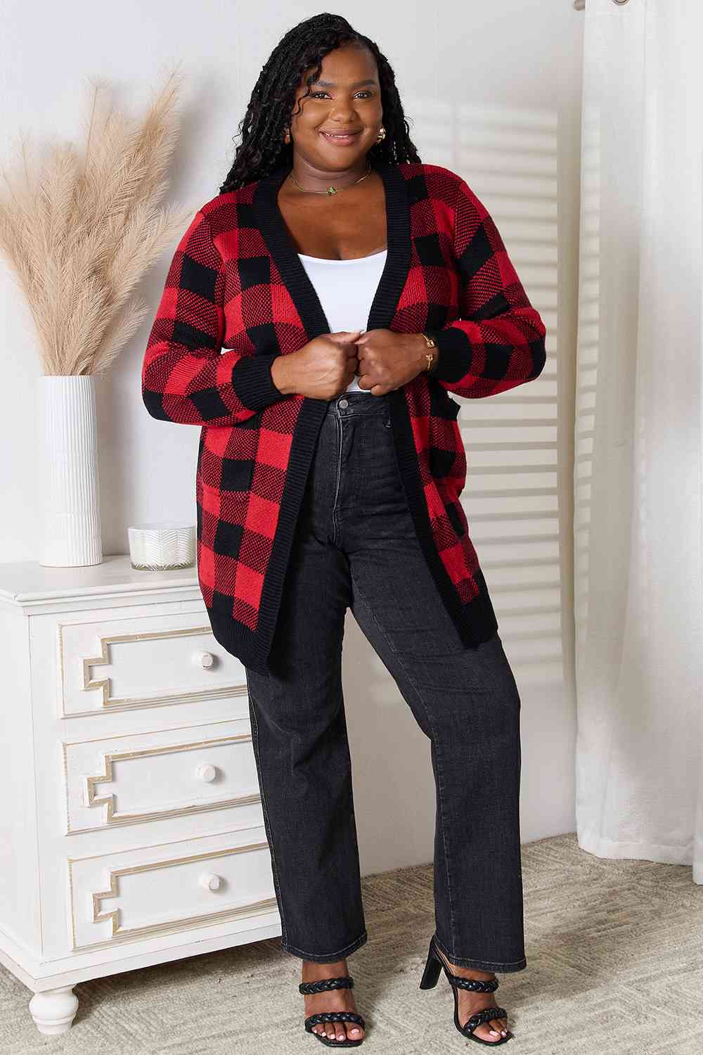 Heimish Full Size Plaid Open Front Cardigan with Pockets BLUE ZONE PLANET