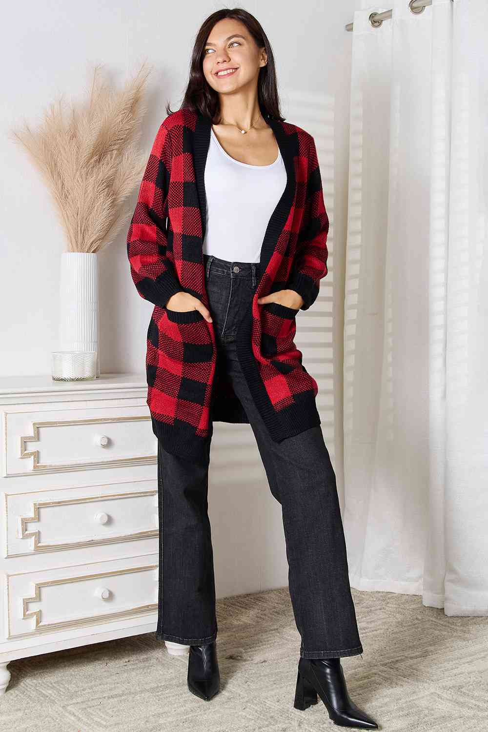 Heimish Full Size Plaid Open Front Cardigan with Pockets BLUE ZONE PLANET