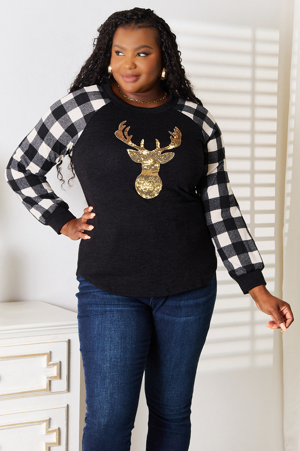 Heimish Full Size Sequin Reindeer Graphic Plaid Top BLUE ZONE PLANET