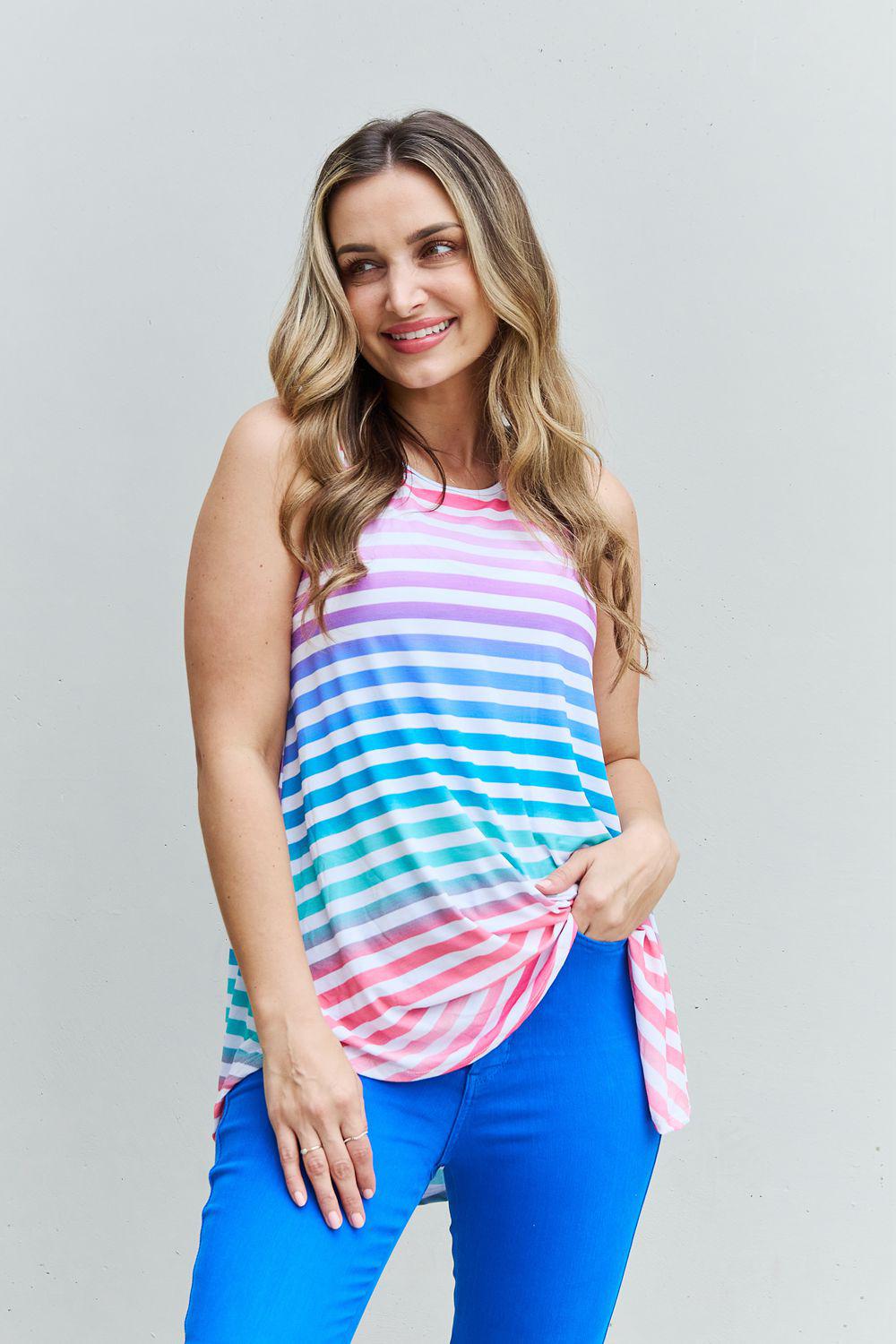 Heimish Love Yourself Full Size Multicolored Striped Sleeveless Round Neck Top BLUE ZONE PLANET