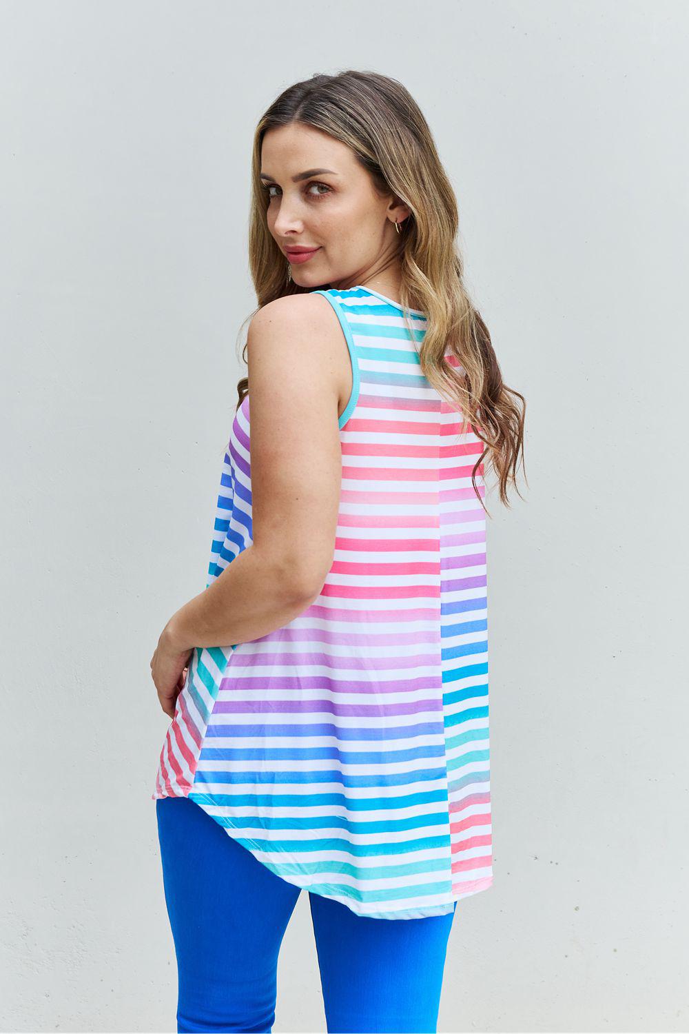Heimish Love Yourself Full Size Multicolored Striped Sleeveless Round Neck Top BLUE ZONE PLANET