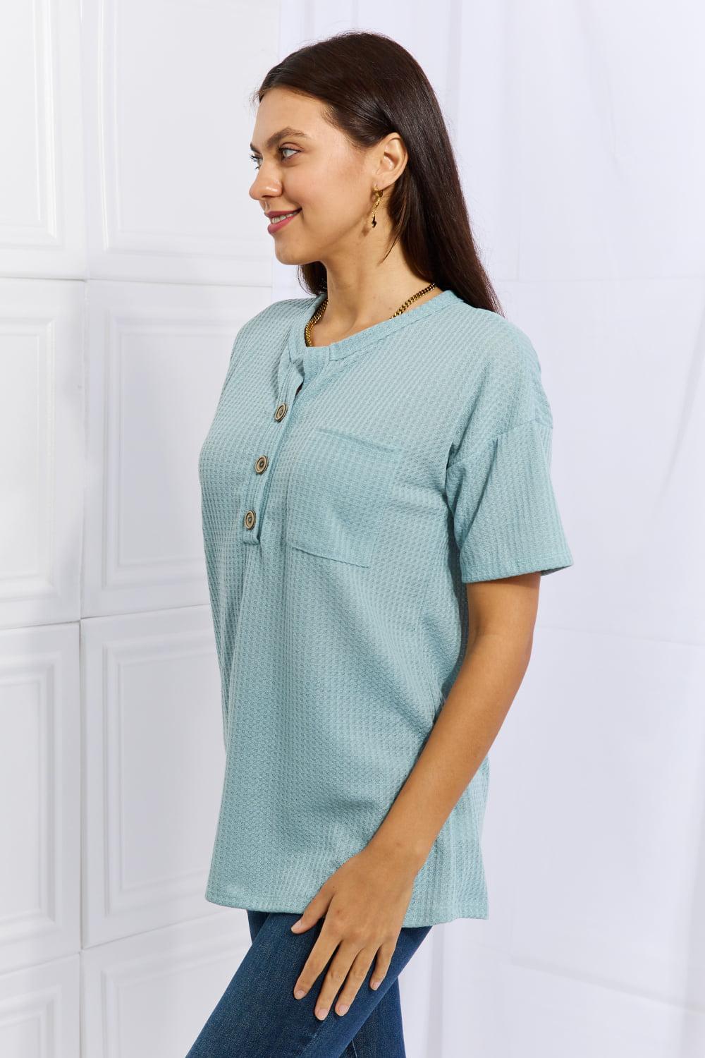 Heimish Made For You Full Size 1/4 Button Down Waffle Top in Blue BLUE ZONE PLANET
