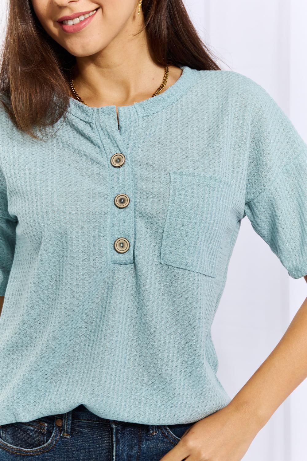 Heimish Made For You Full Size 1/4 Button Down Waffle Top in Blue BLUE ZONE PLANET