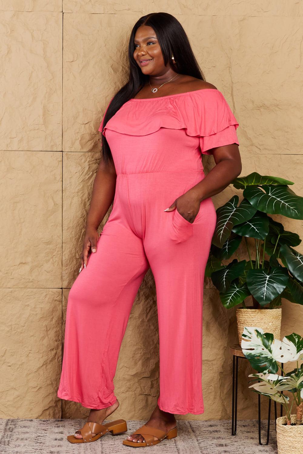 Heimish My Favorite Full Size Off-Shoulder Jumpsuit with Pockets BLUE ZONE PLANET