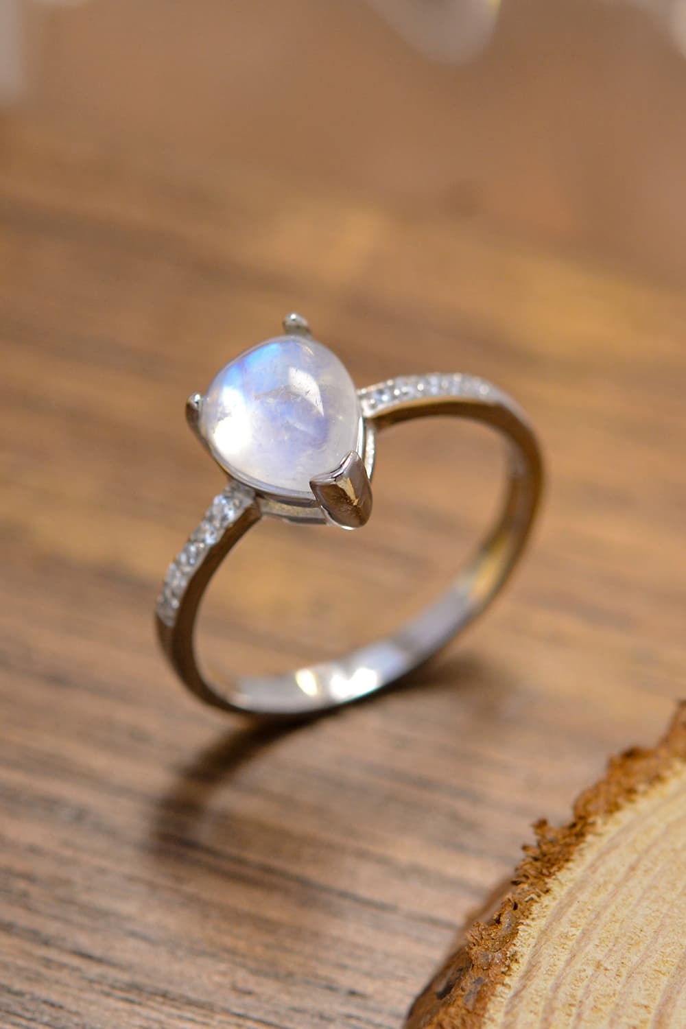 High Quality Natural Moonstone Teardrop Side Stone Ring BLUE ZONE PLANET