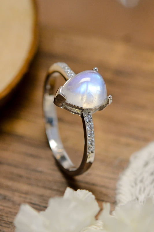 High Quality Natural Moonstone Teardrop Side Stone Ring BLUE ZONE PLANET