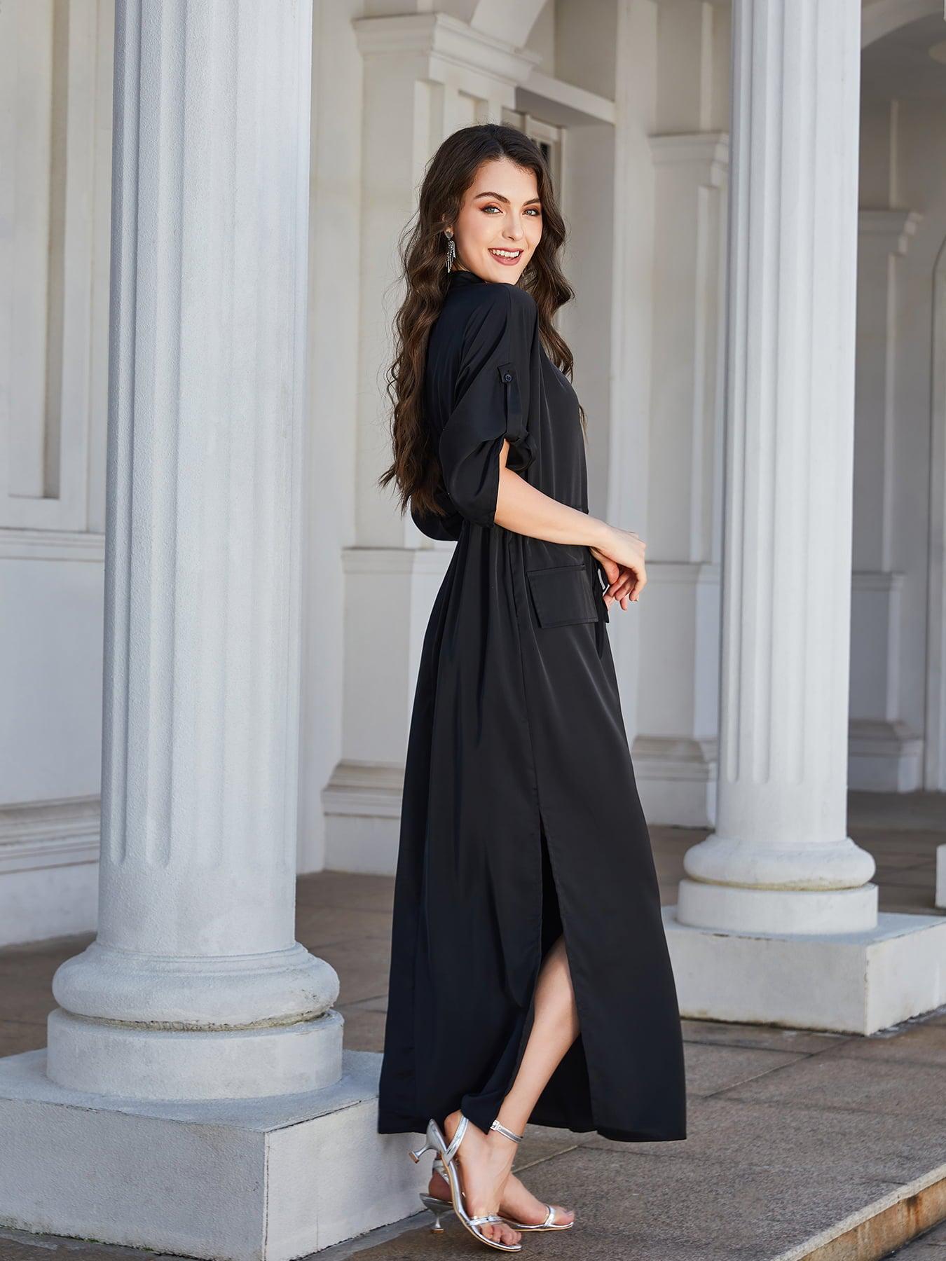 High Slit Roll-tab Sleeve Notched Neck Maxi Dress BLUE ZONE PLANET