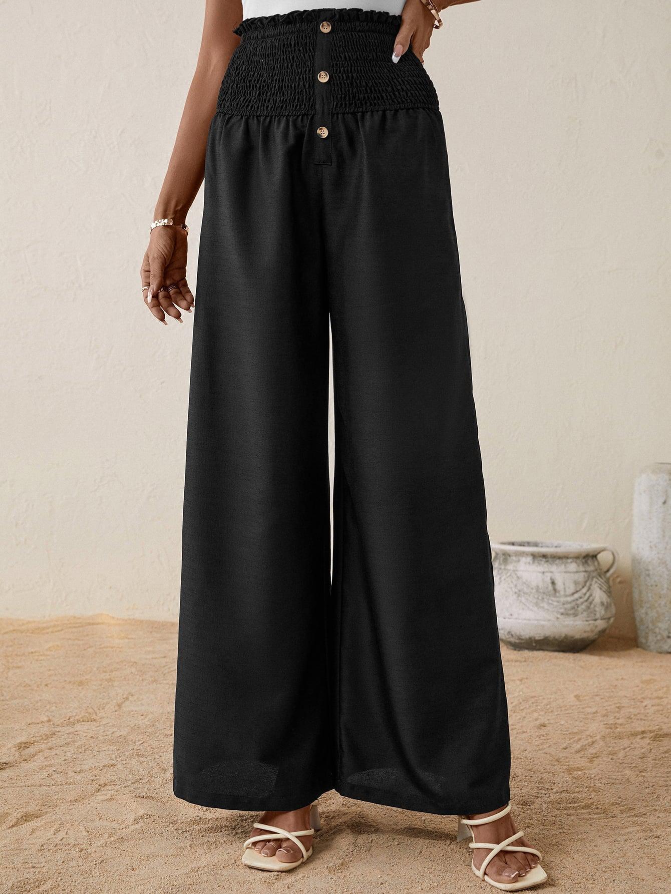 High Smocked Waist Buttoned Relax Fit Long Pants BLUE ZONE PLANET