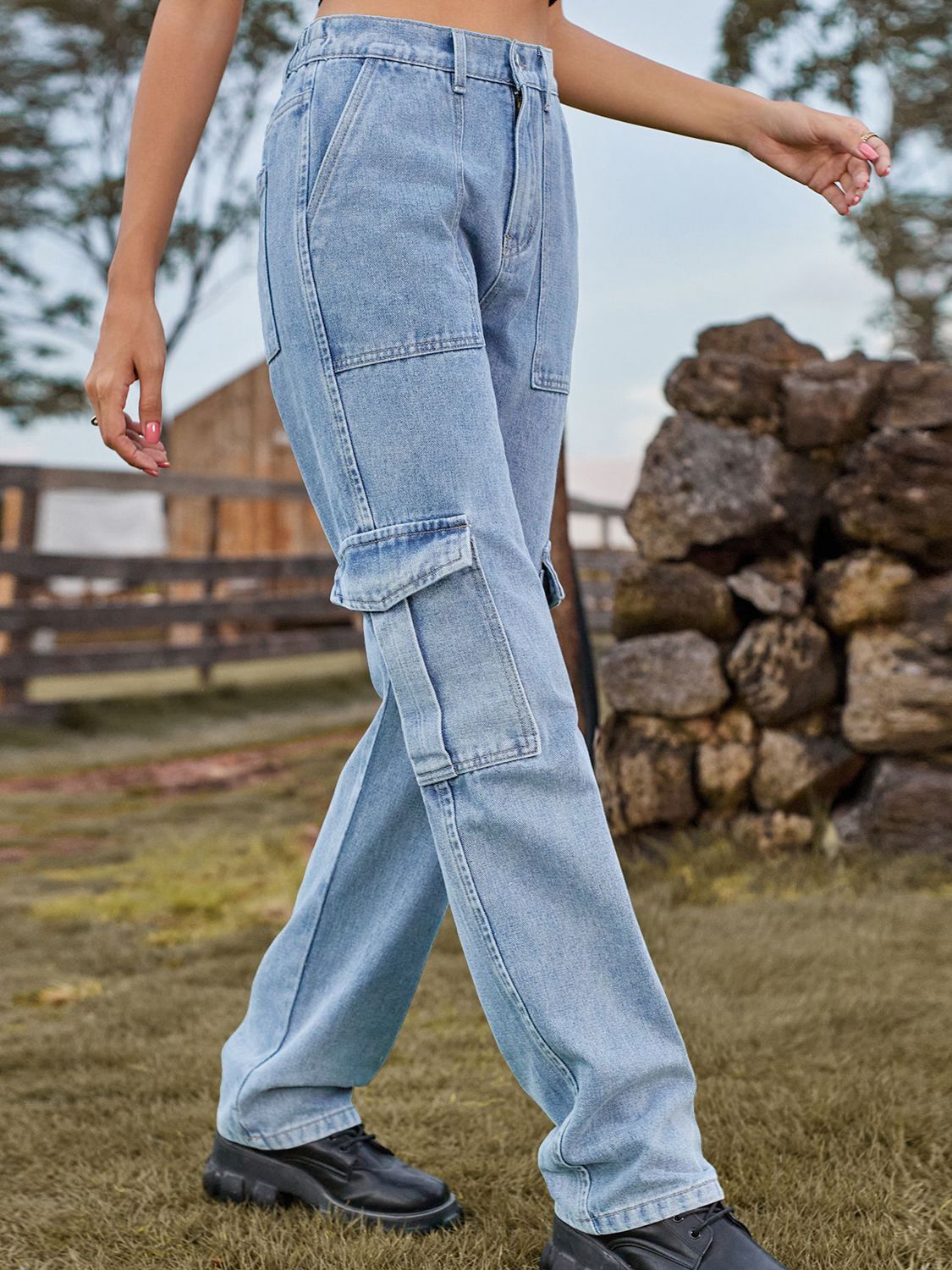 High Waist Cargo Jeans BLUE ZONE PLANET