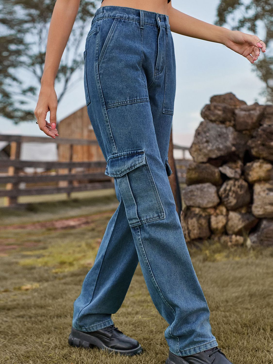 High Waist Cargo Jeans BLUE ZONE PLANET