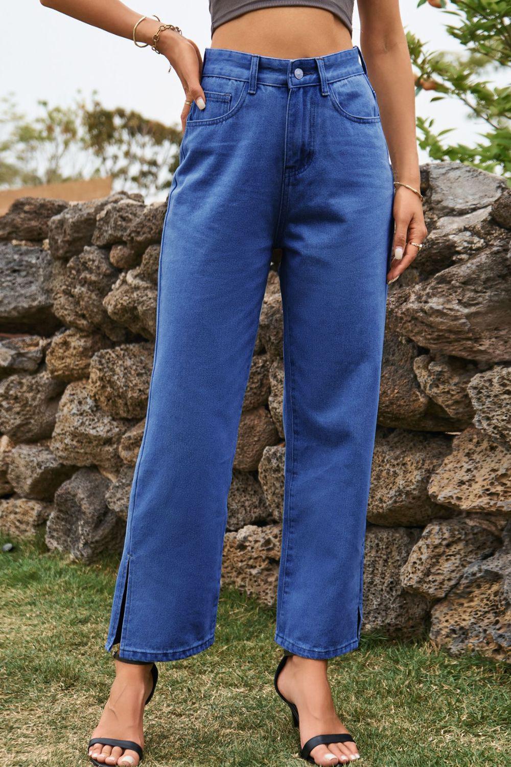 High Waist Loose Fit Ankle Slit Jeans BLUE ZONE PLANET