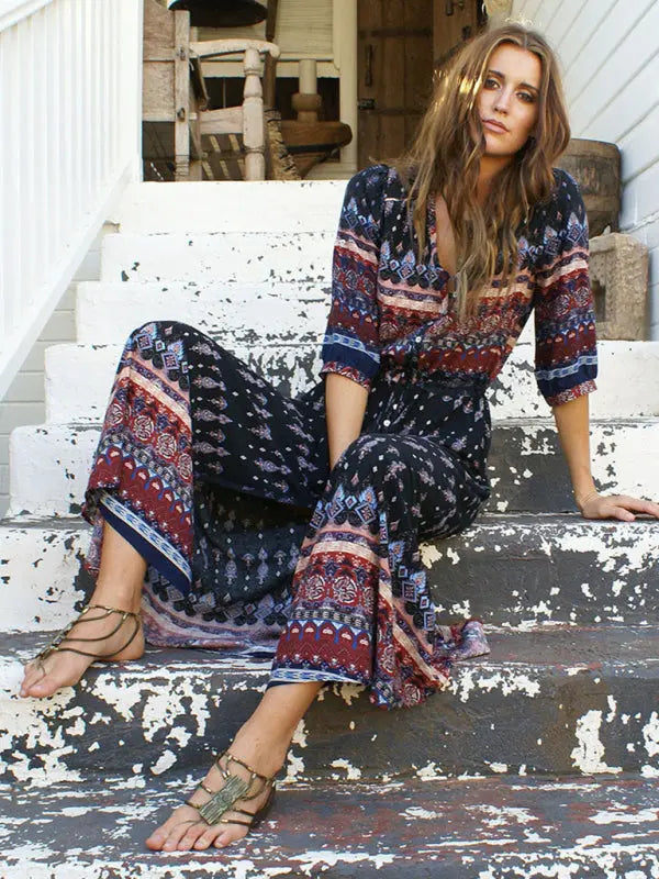 Holiday Cardigan Bohemian Single Breasted Printed Dress Long Skirt BLUE ZONE PLANET