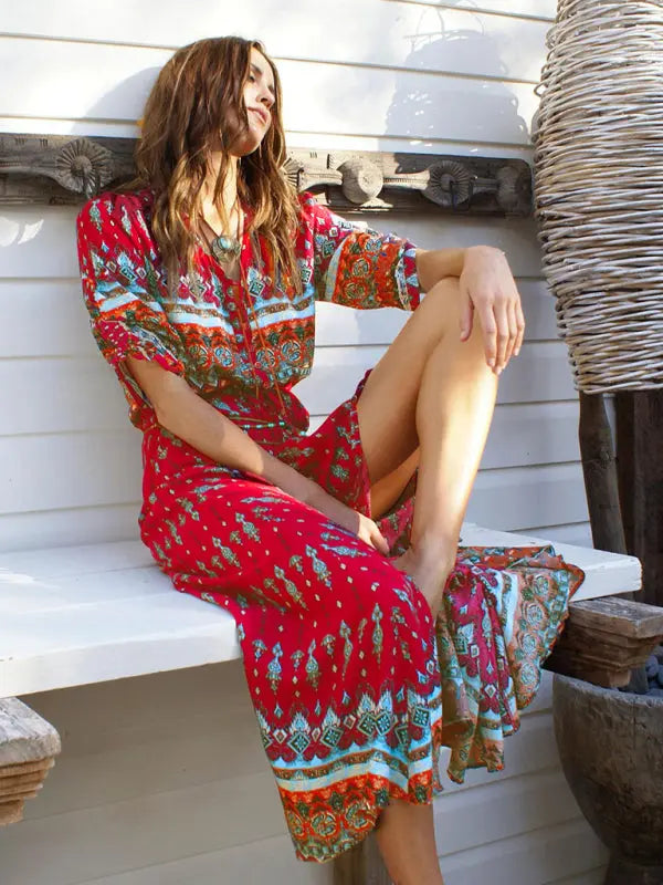 Holiday Cardigan Bohemian Single Breasted Printed Dress Long Skirt BLUE ZONE PLANET