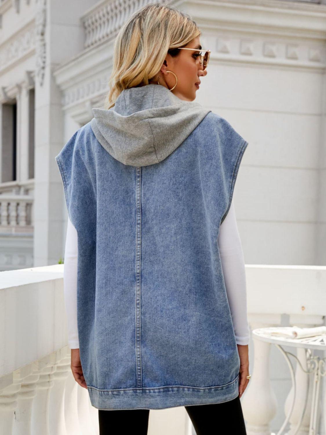 Hooded Sleeveless Denim Top with Pockets BLUE ZONE PLANET