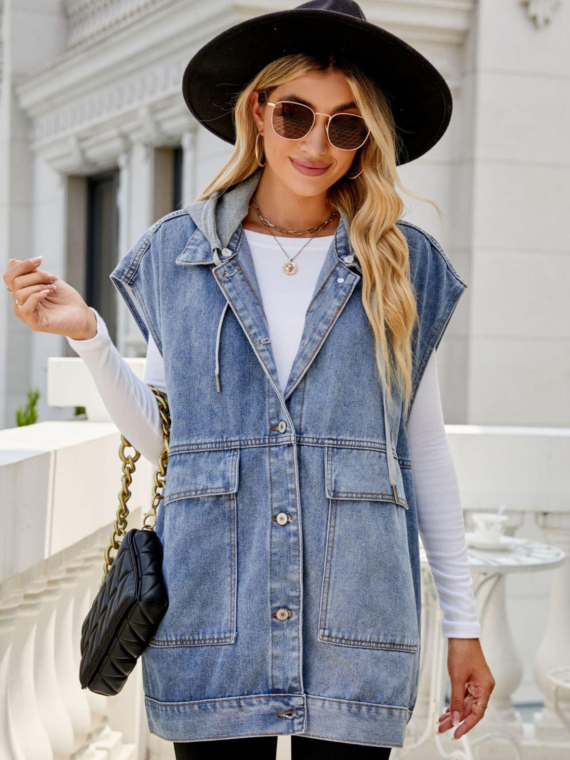 Hooded Sleeveless Denim Top with Pockets BLUE ZONE PLANET