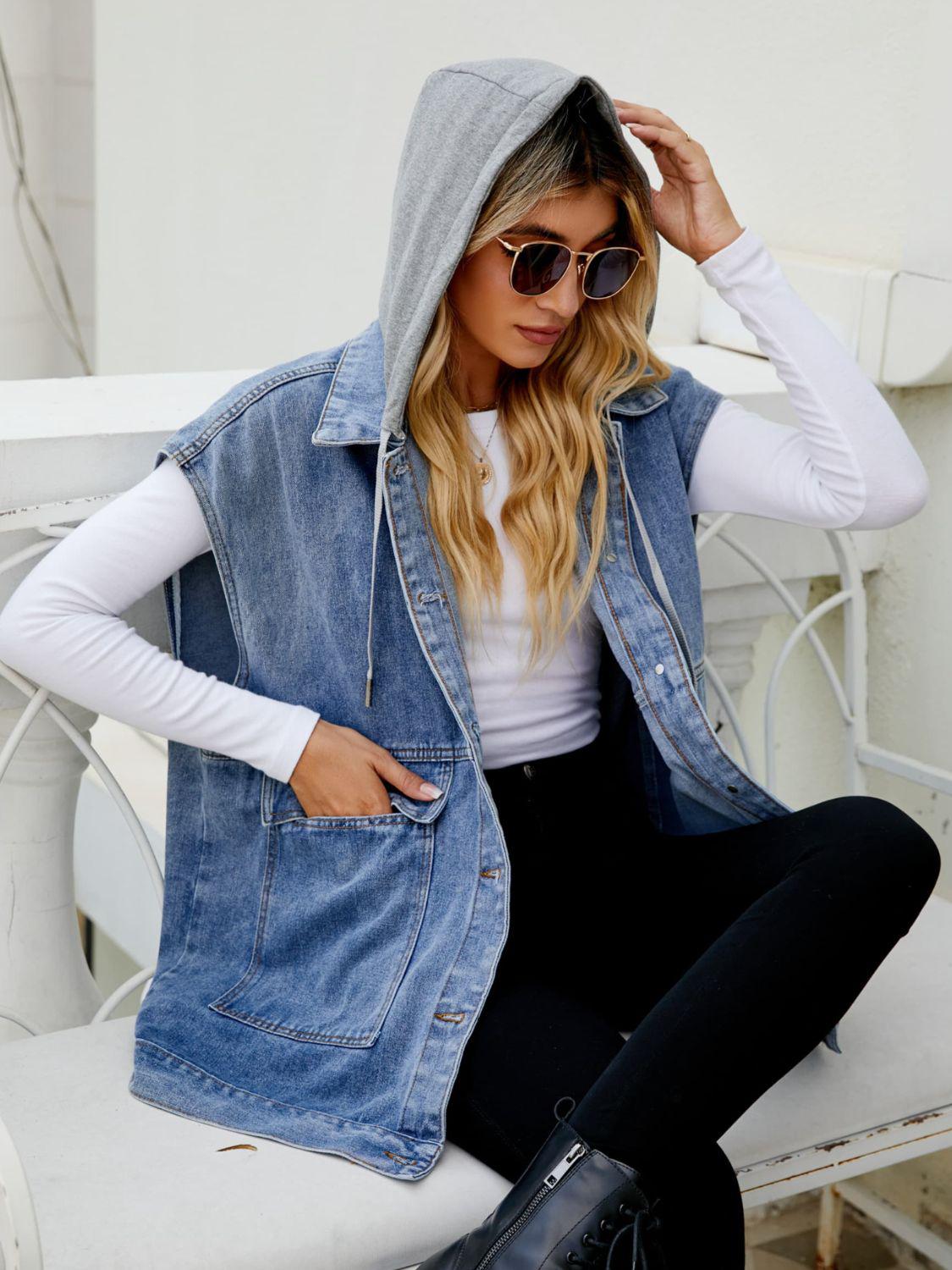 Hooded Sleeveless Denim Top with Pockets BLUE ZONE PLANET