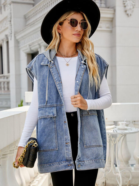 Hooded Sleeveless Denim Top with Pockets BLUE ZONE PLANET