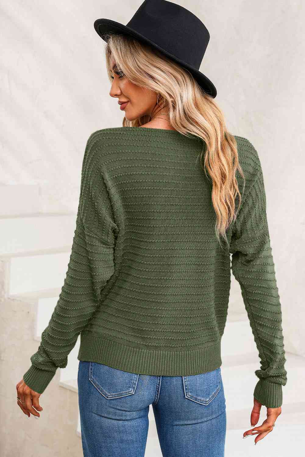 Horizontal Ribbing Round Neck Sweater BLUE ZONE PLANET