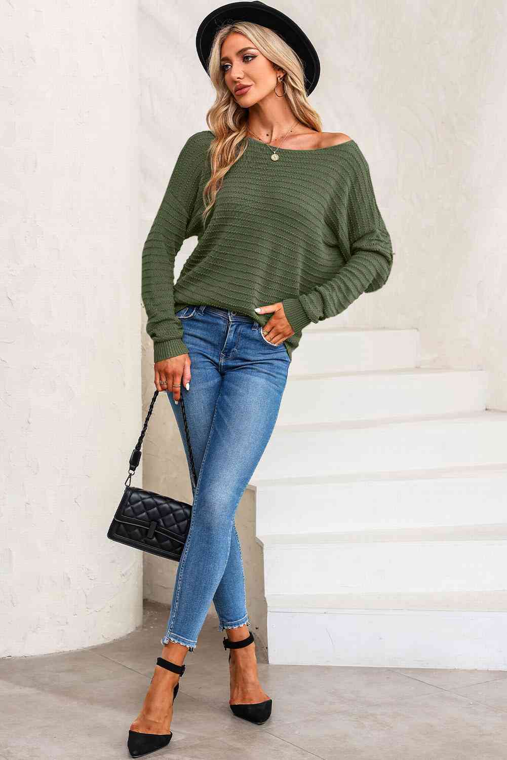 Horizontal Ribbing Round Neck Sweater BLUE ZONE PLANET