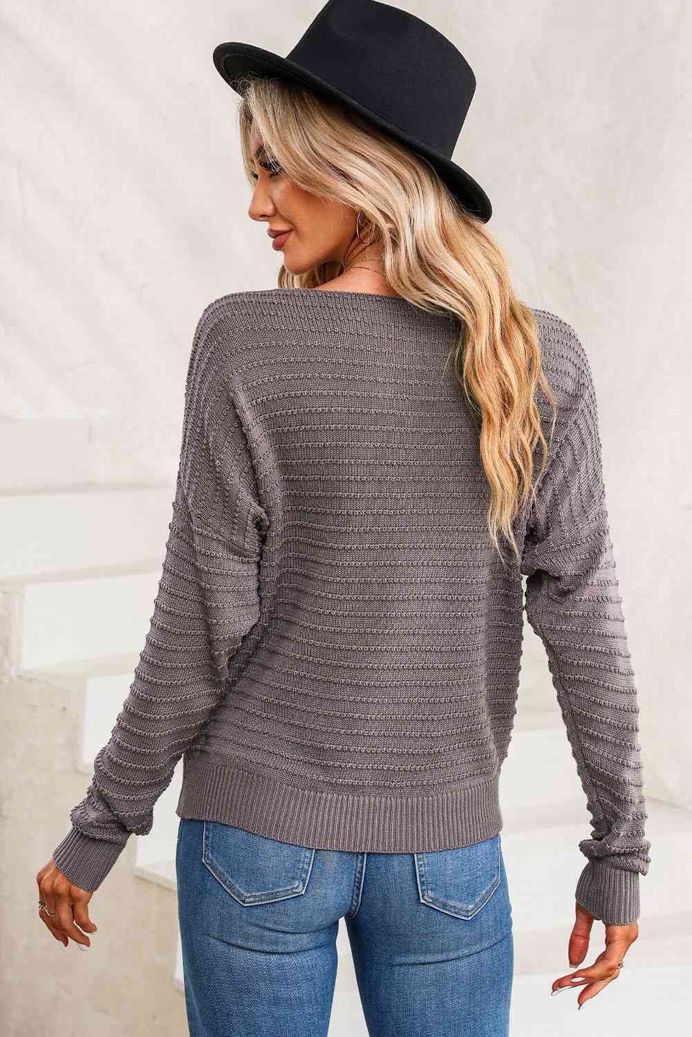 Horizontal Ribbing Round Neck Sweater BLUE ZONE PLANET