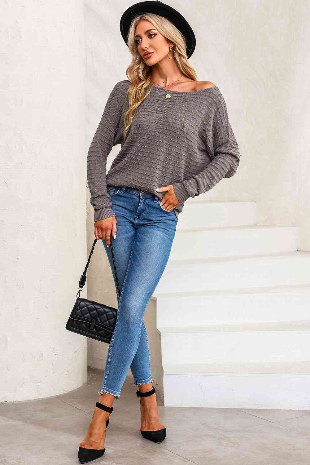 Horizontal Ribbing Round Neck Sweater BLUE ZONE PLANET