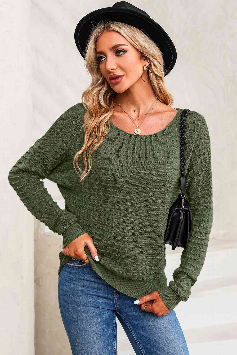 Horizontal Ribbing Round Neck Sweater BLUE ZONE PLANET