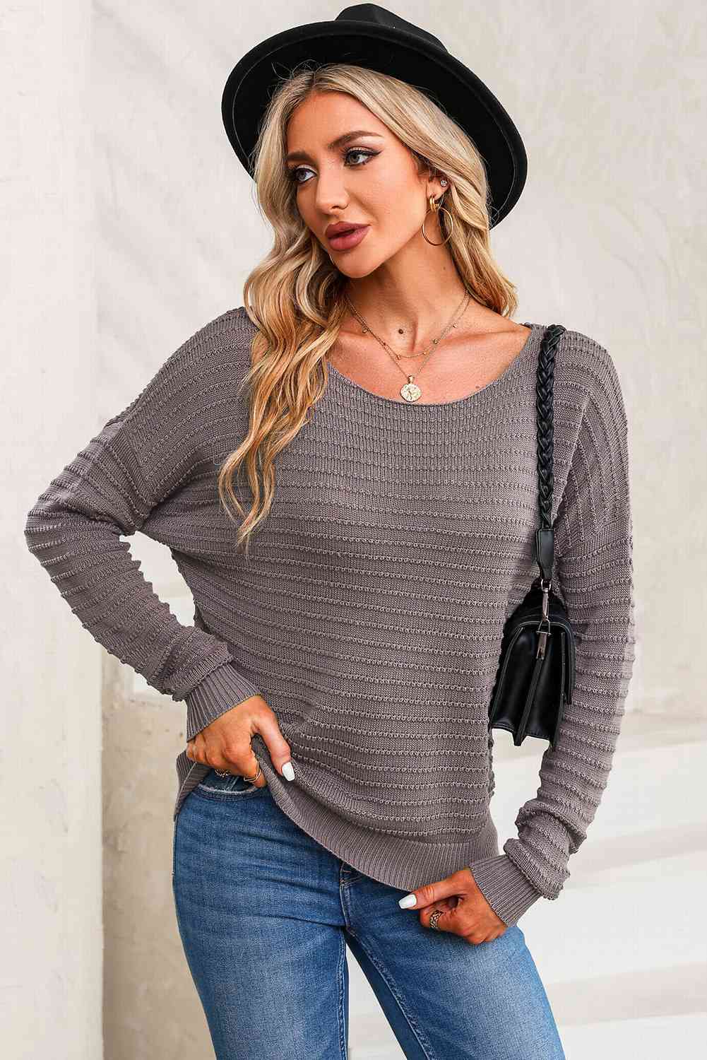 Horizontal Ribbing Round Neck Sweater BLUE ZONE PLANET