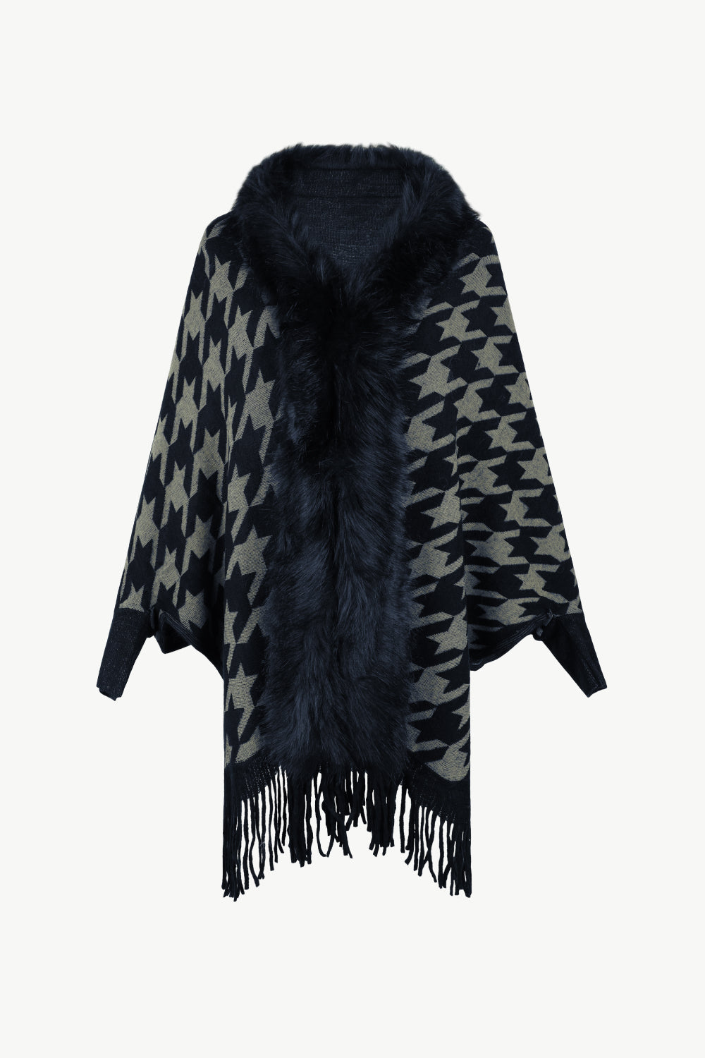 Houndstooth Fringe Hem Poncho BLUE ZONE PLANET